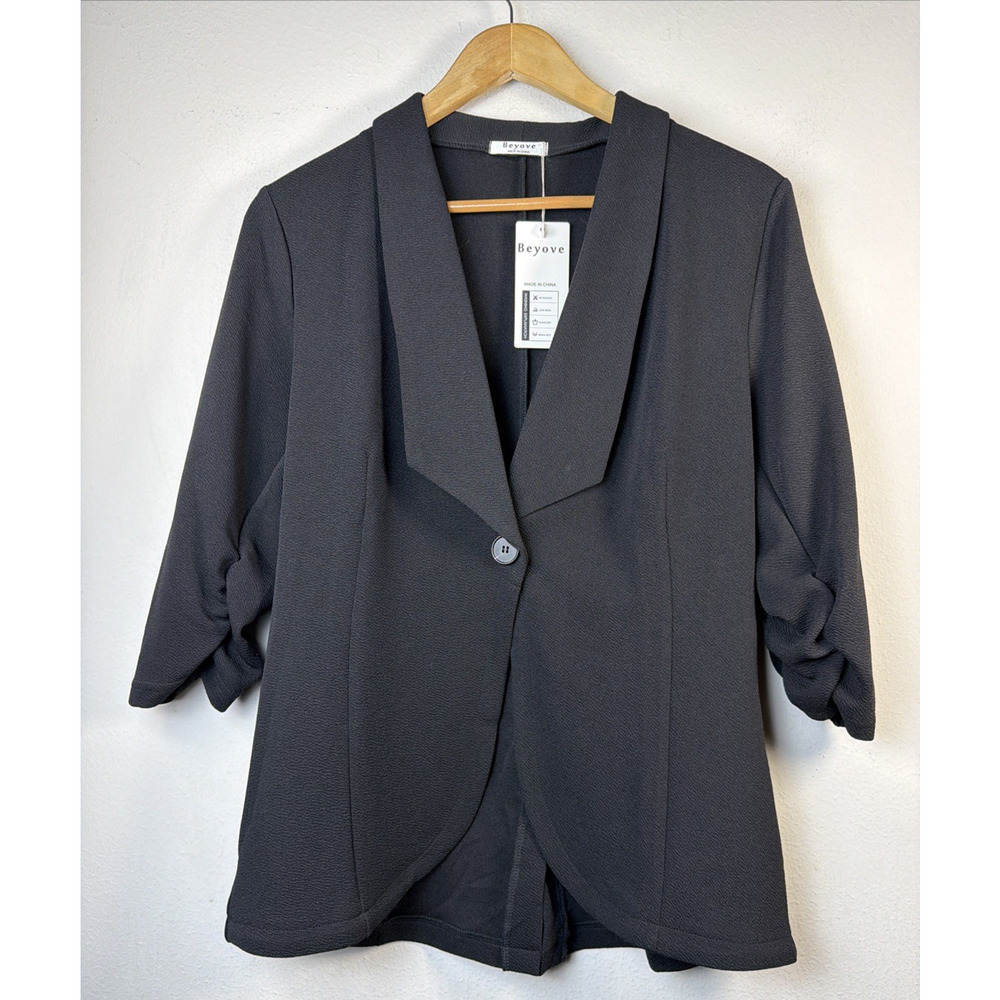 Beyove black blazer large jacket 3/4 gathered sleeve suit stretchy bohemian NWT - Picture 2 of 11